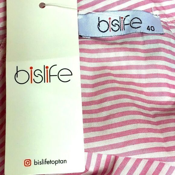 Bislife Pink White Candy Stripe Button Up Drawstring Tunic Top, Mini Dress NEW - Picture 14 of 16